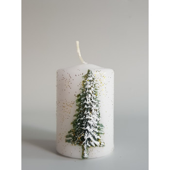 Бяла коледна свещ цилиндър с декорация елха