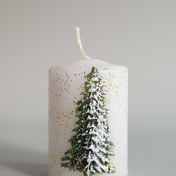 Бяла коледна свещ цилиндър с декорация елха