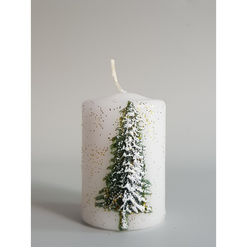 Бяла коледна свещ цилиндър с декорация елха