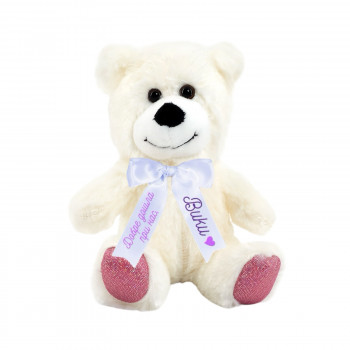 Плюшено мече с надписана панделка, бяло, 15 см