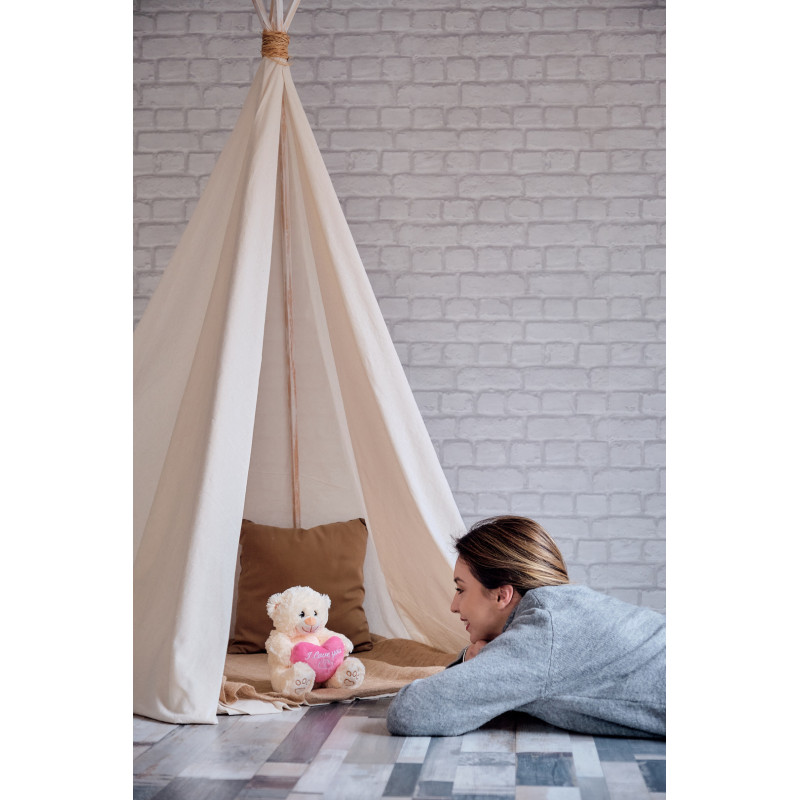 Плюшено мече с розово сърце, екрю, 25 см