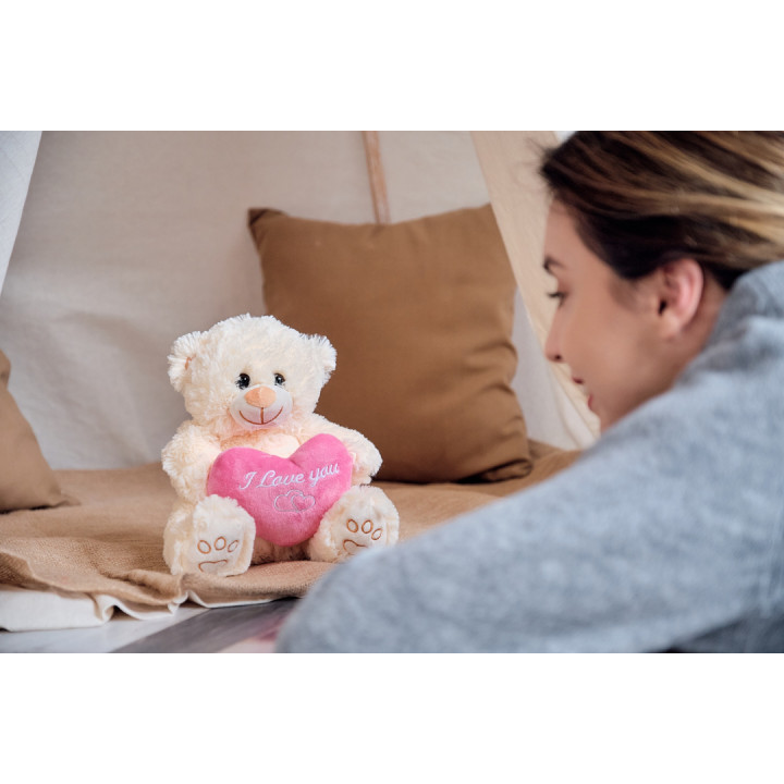 Плюшено мече с розово сърце, екрю, 25 см