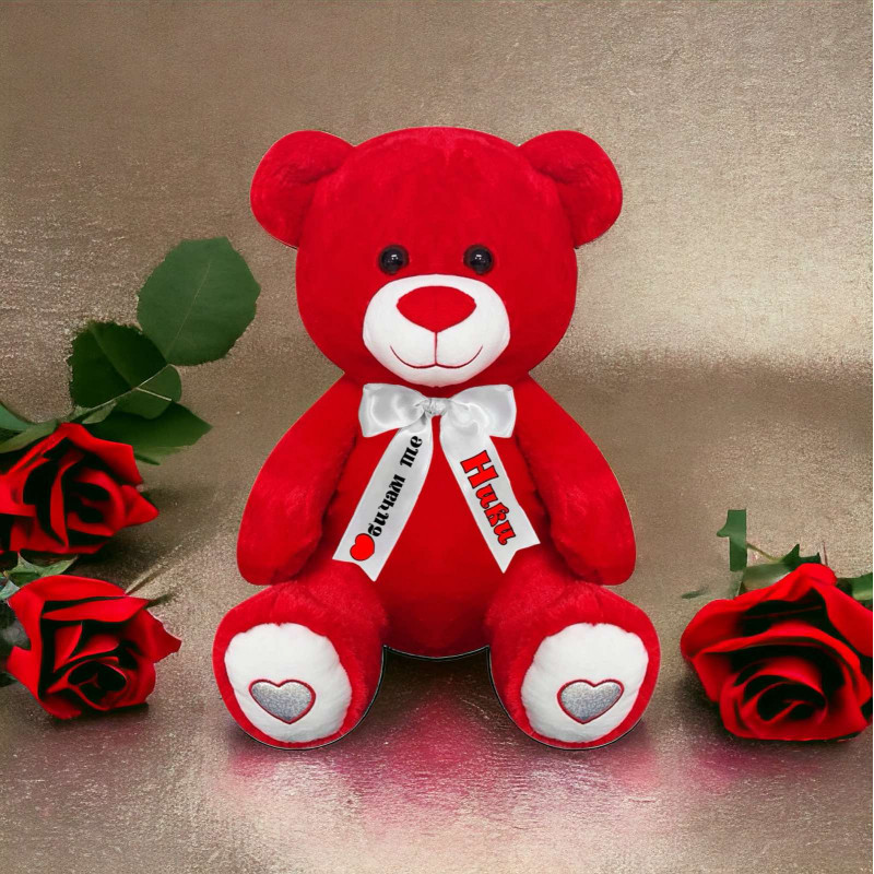 Плюшено мече с надписана панделка, червено, 40 см