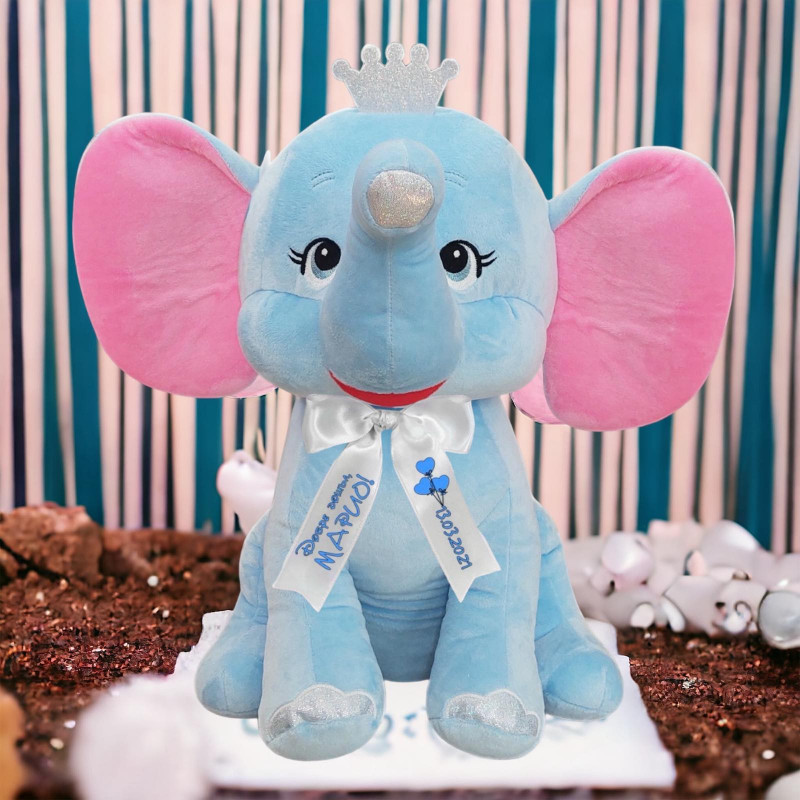 Плюшен слон с надписана панделка, син, 35 см