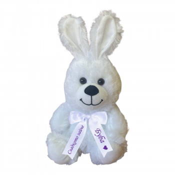 Плюшено зайче с надписана панделка, бяло, 30 см