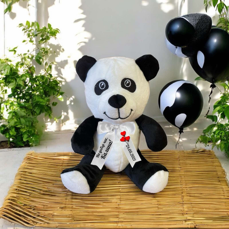 Плюшена панда с надписана панделка, 20 см