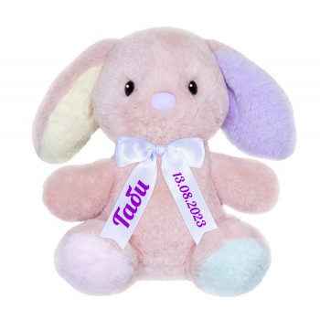Плюшено бебе зайче Aurora с надписана панделка, розово, 20 см