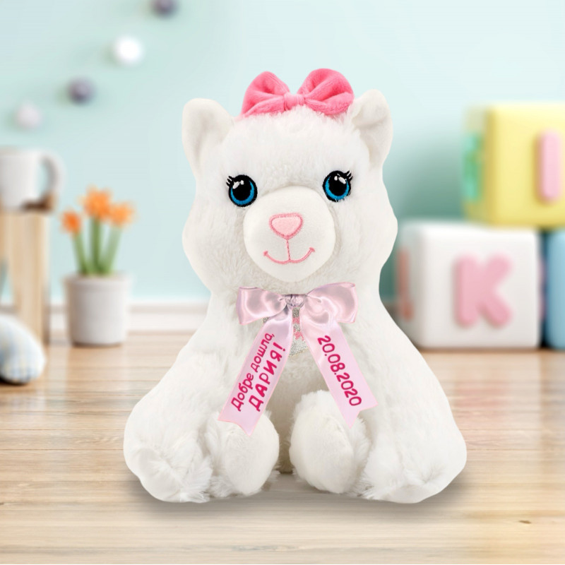 Плюшено коте с надписана панделка, бяло, 30 см