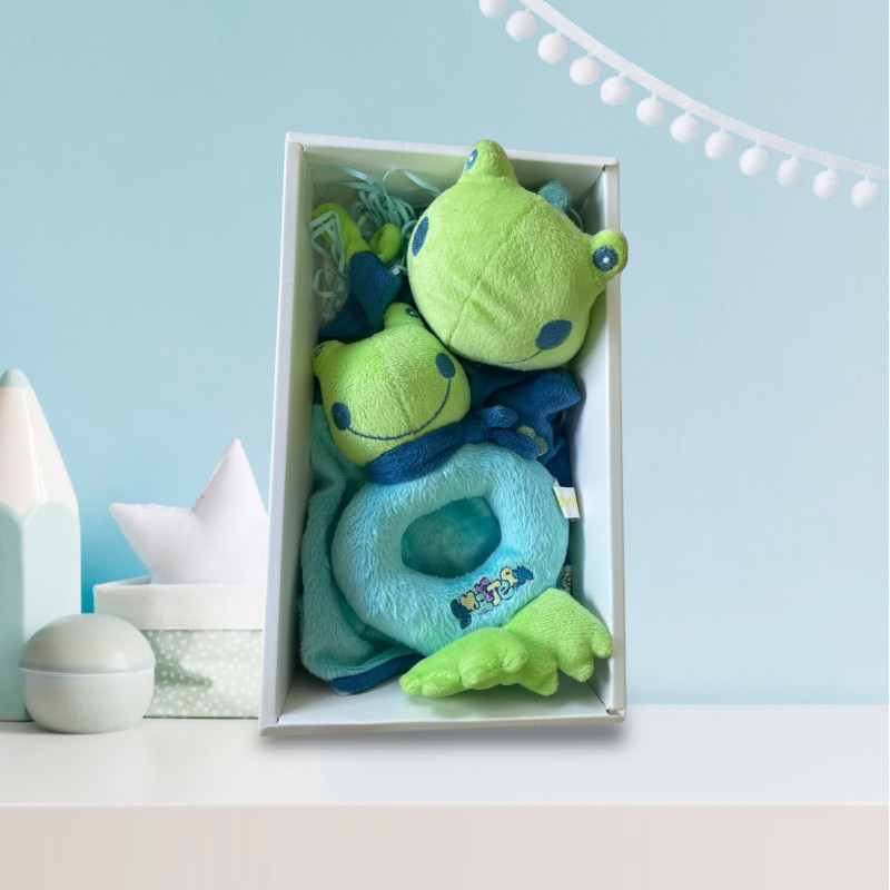 Комплект за бебе момче - Играчка жабка и дрънкалка