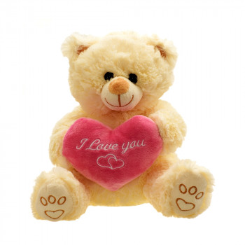 Плюшено мече с розово сърце, екрю, 25 см