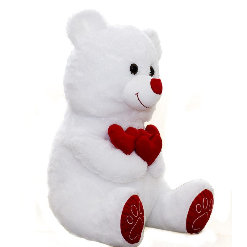Плюшено мече с три сърца в бяло