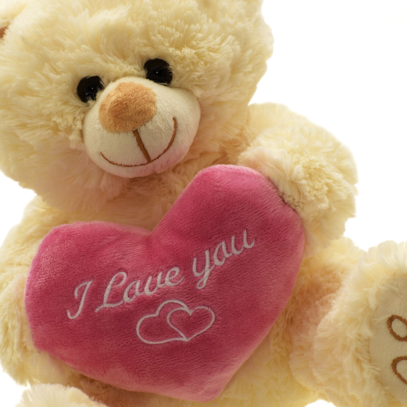 Плюшено мече с розово сърце, екрю, 25 см