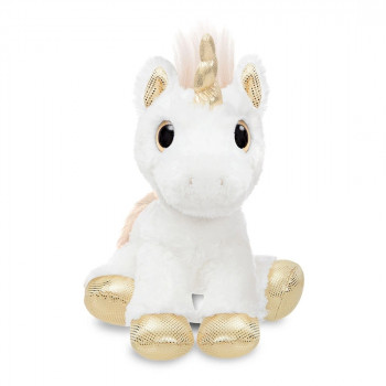 Плюшена играчка Аврора - Бял еднорог със златен рог и грива, 25 см