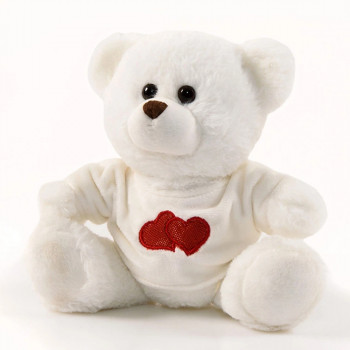Плюшено мече с тениска на сърца, бяло, 18 см