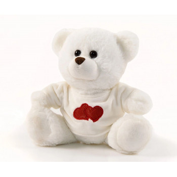 Плюшено мече с тениска на сърца, бяло, 18 см