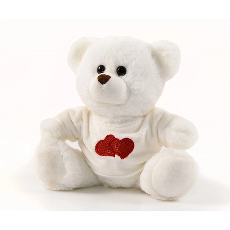 Плюшено мече с тениска на сърца, бяло, 18 см
