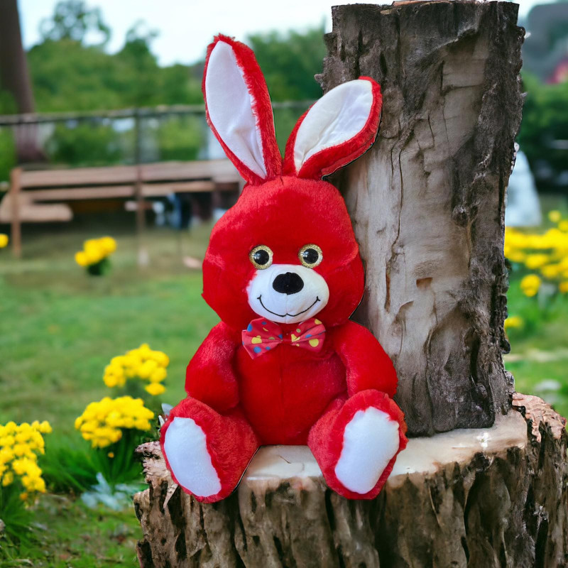 Плюшено зайче с папионка, червено, 45 см