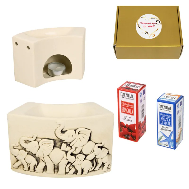 Комплект аромалампа - Слончета с 2 ароматни масла и 2 чаени свещи