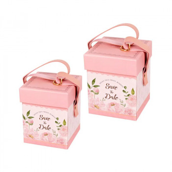 Подаръчна кутия Save the date с кожени дръжки, розова