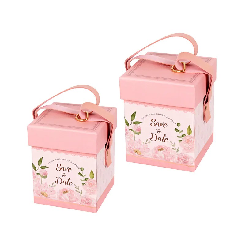 Подаръчна кутия Save the date с кожени дръжки, розова