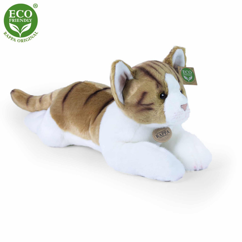 Плюшена котка в кафяво и бяло, лежаща, 36 см