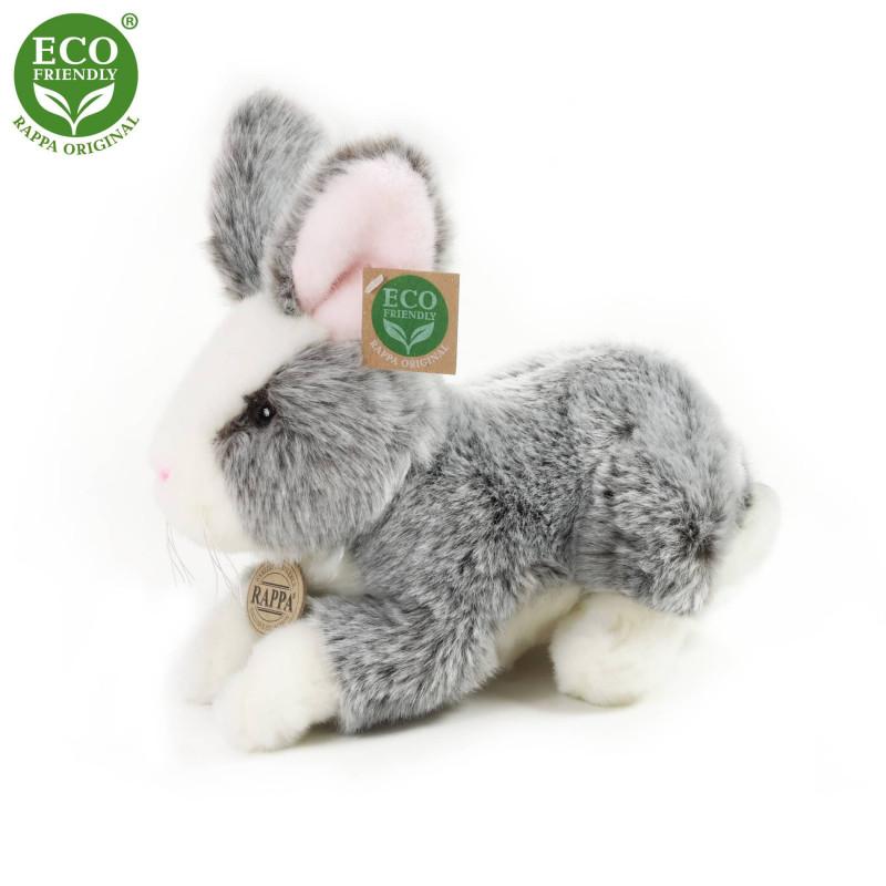 Плюшено сиво зайче с розови уши, стоящо, 23 см