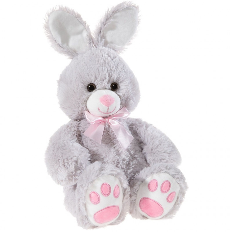 Плюшено зайче с розова панделка, сиво, 50 см