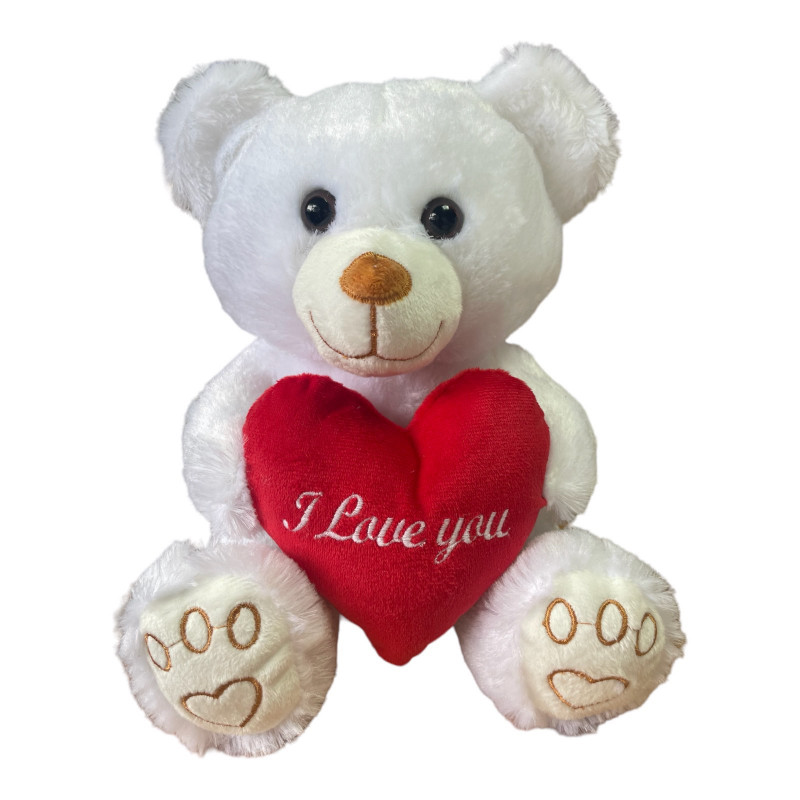Плюшено мече със сърце, бяло, 28 см